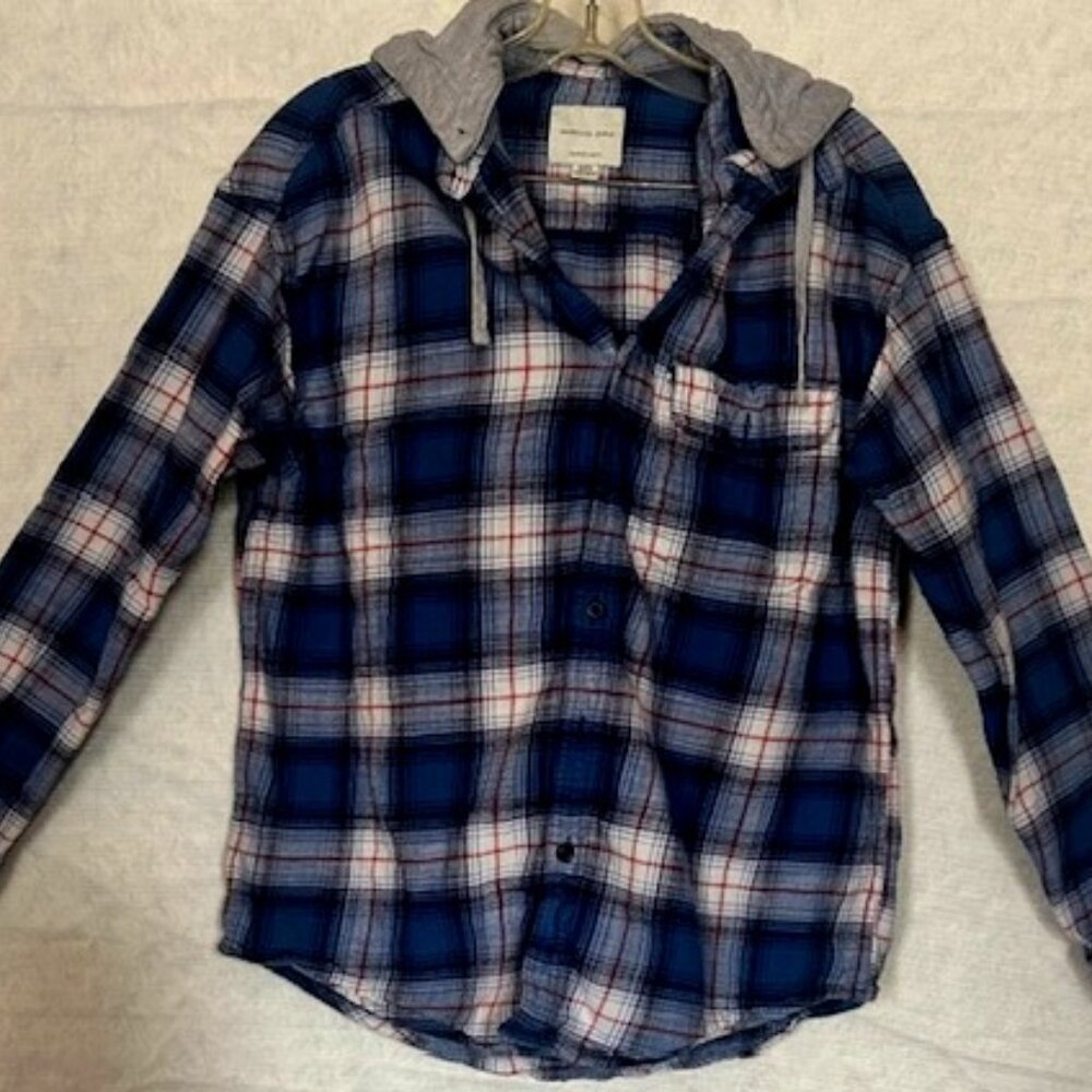 Men's American Eagle Blue Plaid Flannel with removable Hood Size M